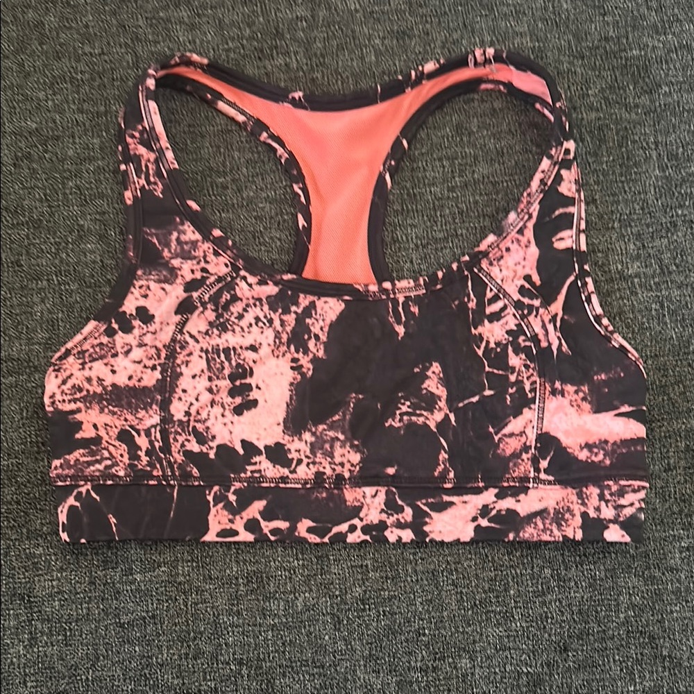 Pink and Black Racerback Sports Bra with Tie-Dye Pattern
